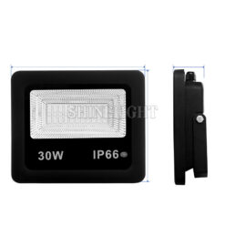 Đèn LED pha 30W SLFLS30 vỏ đen, mặt trước in 30W IP66 và mặt cạnh kèm đường đo kích thước trên nền trắng