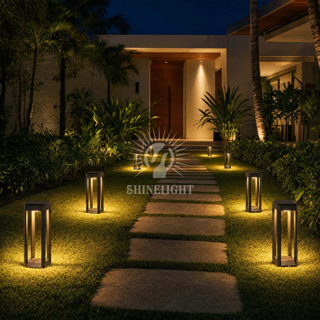 Hàng đèn nấm SLNSV06 sáng dọc lối đá sân vườn villa về đêm