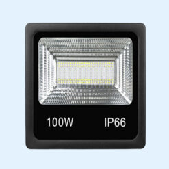 Mặt trước đèn LED pha 100W SLFLS100 vỏ đen, chóa phản quang và chip LED SMD, in chữ 100W IP66