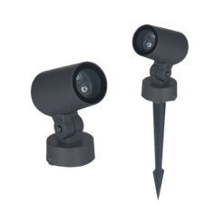Đèn LED chiếu cây SLSPOR8 màu xám đen, bản đế ngồi và bản chân cắm đất, nền trắng