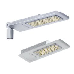Hai kích cỡ đèn cao áp LED Anibus vỏ nhôm xám, một bộ kèm khớp lắp đỉnh cột, nền trắng