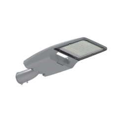Đèn cao áp LED SLSTART thân nhôm xám, mặt chip LED dạng ma trận, cần lắp cột, nền trắng