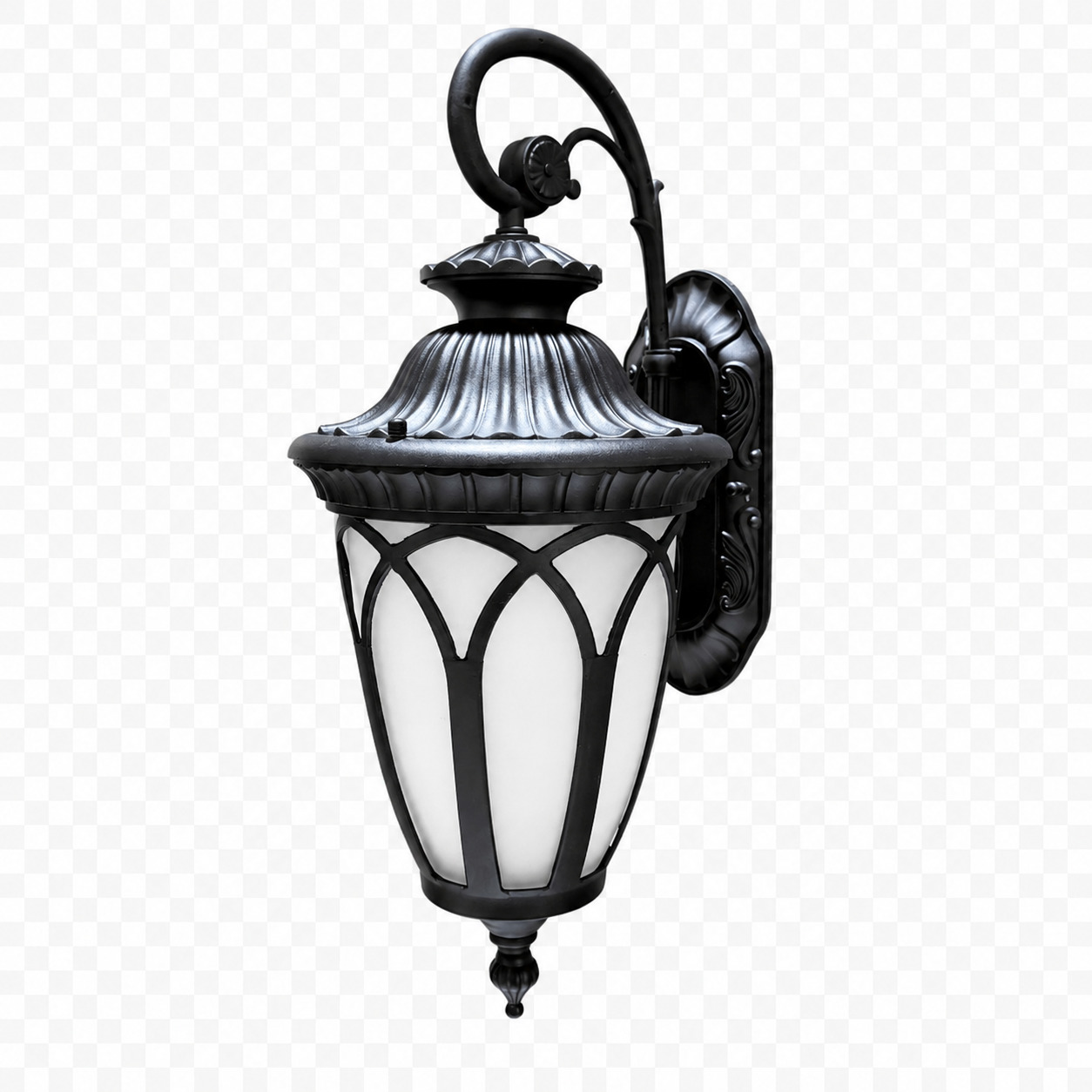Đèn tường cổ điển SLDTRAM màu đen, tay đỡ uốn cong, chao trắng đục khung vòm, ảnh tách nền