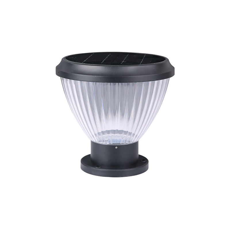 Đèn trụ cổng NLMT SLGL3002: nền trắng, chao vân sọc trong và nắp tấm pin màu đen