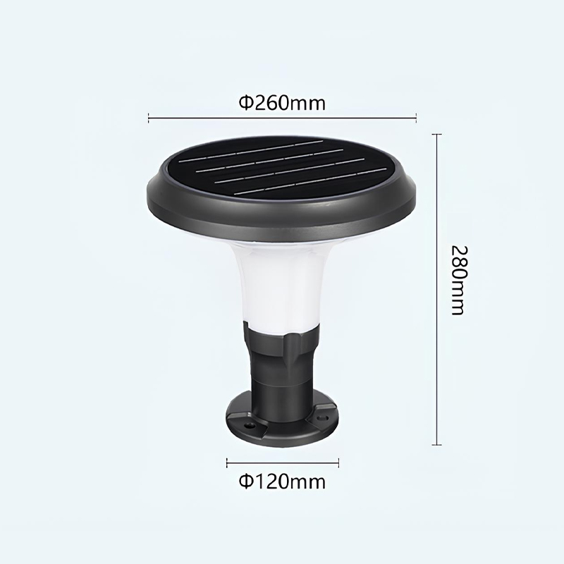 Đèn trụ cổng NLMT SLGL3003: bản vẽ kích thước Φ260mm, cao 280mm, đế Φ120mm