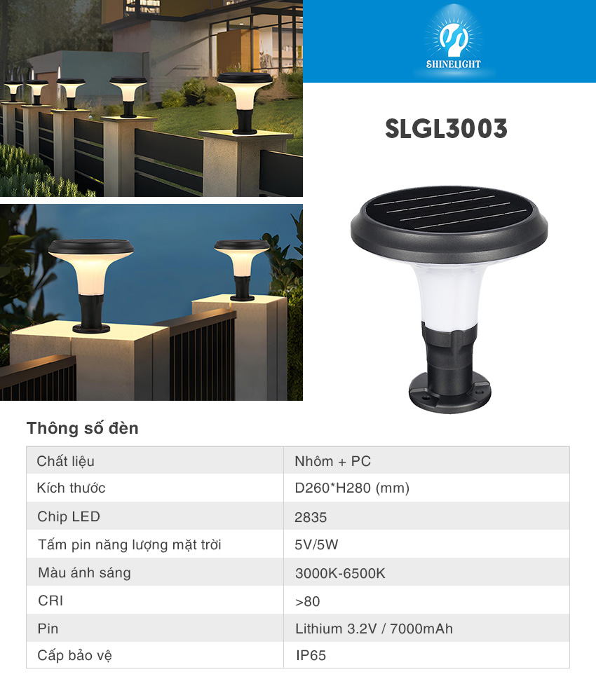 Catalog thông số Đèn nấm sân vườn năng lượng mặt trời SLGL3003 28cm