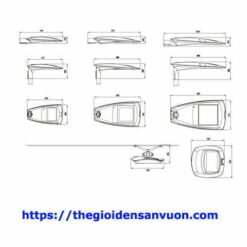 Bản vẽ kích thước 3 cỡ đèn cao áp LED Sona: nhìn cạnh, nhìn mặt dưới và kiểu lắp cần